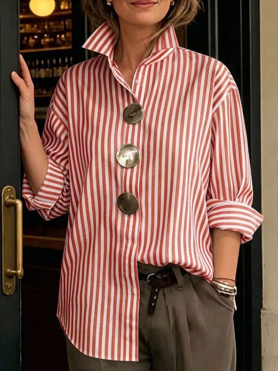 Striped Contrast Color Buttoned Loose Long Sleeves Stand Collar Blouses&shirts Tops