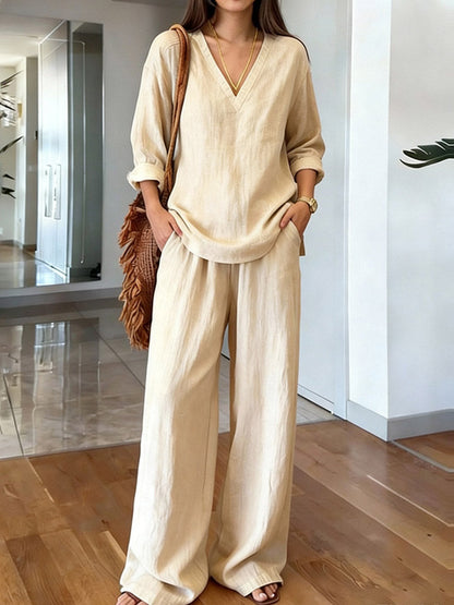 Long Sleeves Solid Color Deep V-Neck Blouses&Shirts Tops + Pleated High Waisted  Trousers Two Pieces Set