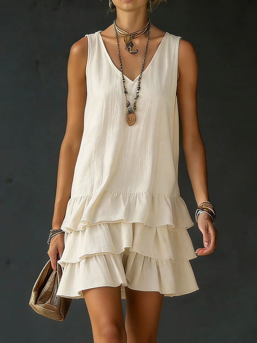 Loose Sleeveless Layered Solid Color V-Neck Mini Dresses