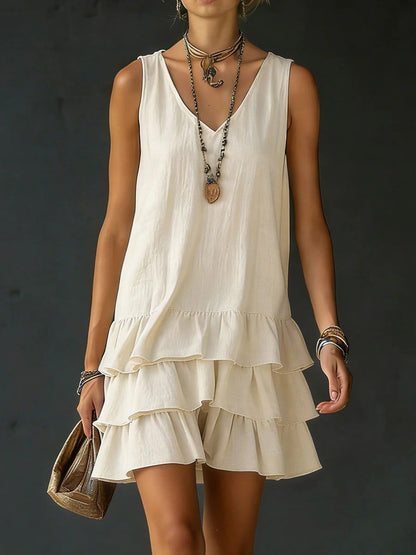 Loose Sleeveless Layered Solid Color V-Neck Mini Dresses