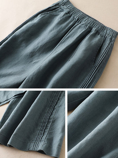 Ruffle Ramie Cotton Elasticity Loose Casual Wide-Leg Pants