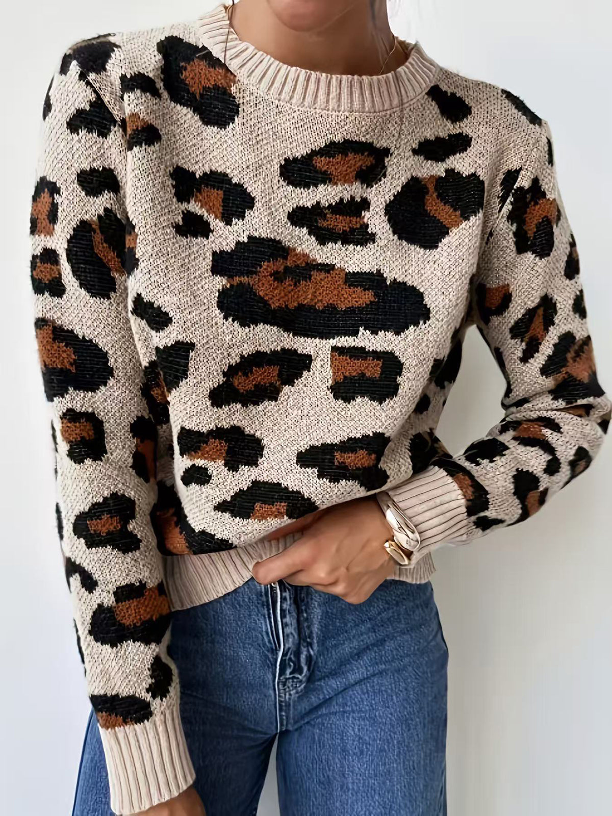 Leopard Loose Long Sleeves Round-neck Sweater Tops Pullovers