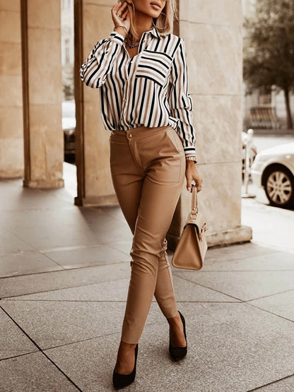 Long Sleeves Loose Buttoned Contrast Color Pockets Striped Lapel Blouses&Shirts Tops