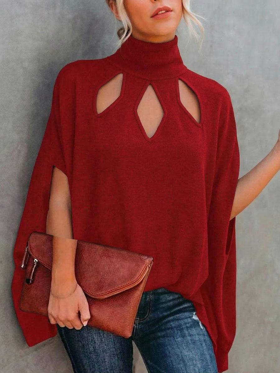 Batwing Sleeves Loose Hollow Solid Color Split-Joint High Neck Blouses&Shirts Tops