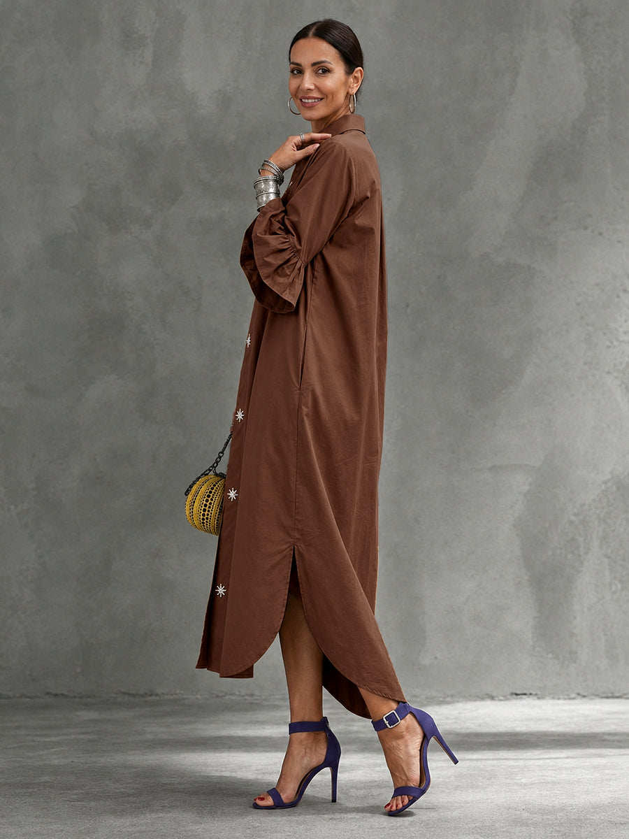 Split-side Solid Color Buttoned Three-quarter Sleeves Ruffle Sleeves Lapel Maxi Dresses