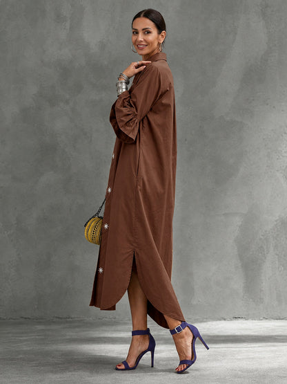 Split-side Solid Color Buttoned Three-quarter Sleeves Ruffle Sleeves Lapel Maxi Dresses