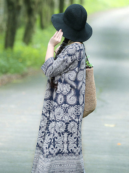 Vintage Cotton Blend Printing Midi Dresses