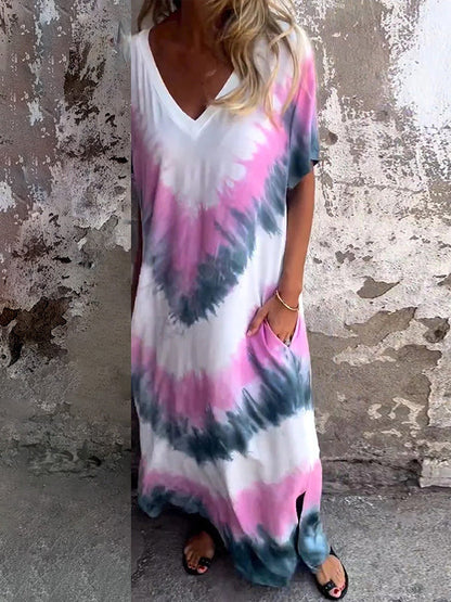 A-Line Loose Contrast Color Pockets Tie-Dyed V-Neck Maxi Dresses