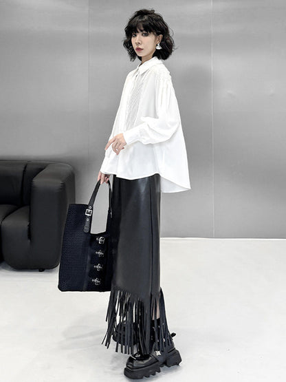 Long Sleeves Loose Buttoned Pleated Solid Color Polo Blouses&Shirts Tops