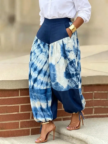 Split-Joint Printed Contrast Color High Waisted Trousers Ankle-Tied Pants
