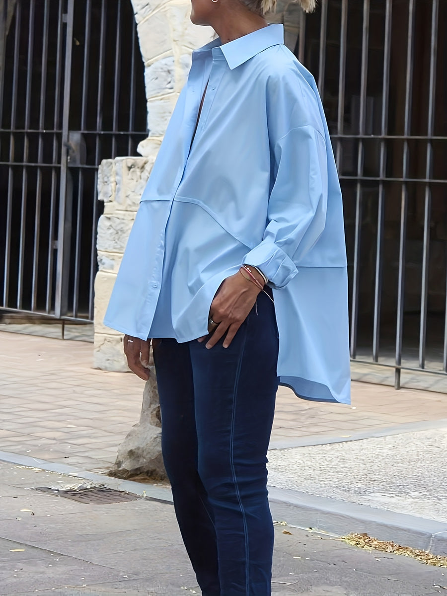 Split-Joint Solid Color Buttoned Loose Long Sleeves Lapel Blouses&shirts Tops