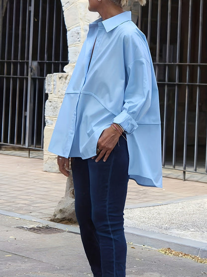 Split-Joint Solid Color Buttoned Loose Long Sleeves Lapel Blouses&shirts Tops
