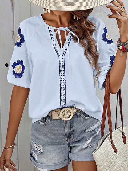 Half Sleeves Loose Contrast Color Embroidered Tied V-Neck Blouses&Shirts Tops