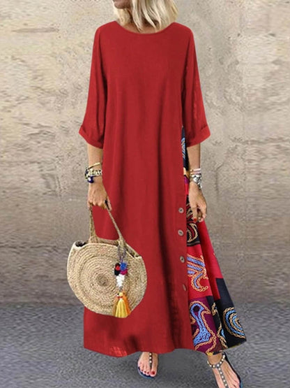 Loose Plus Size Buttoned Contrast Color Printed Round-Neck Midi Dresses