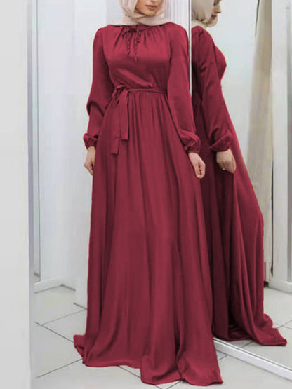Long Sleeves Loose Pleated Solid Color Tied Waist Maxi Dresses