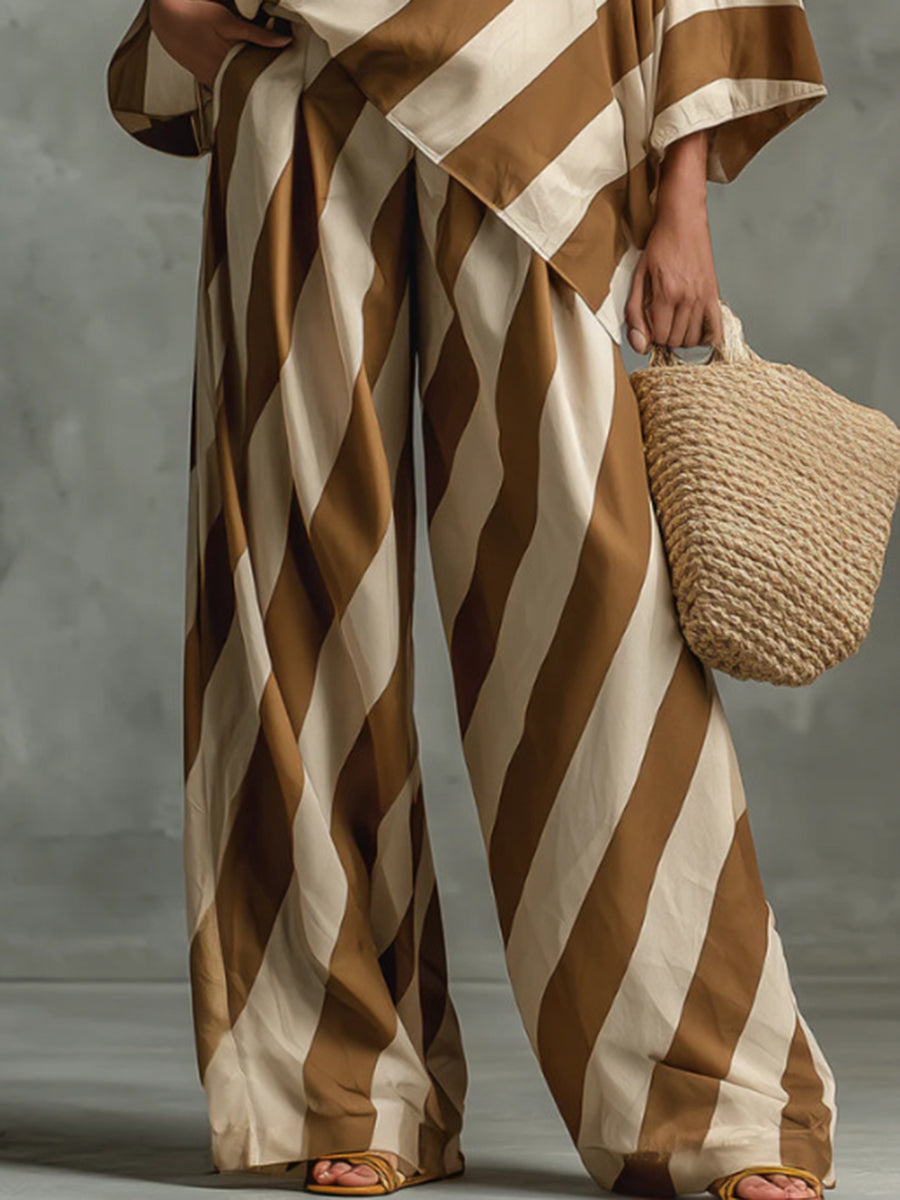 Contrast Color Split-Joint Striped Batwing Sleeves One-Shoulder Blouses&Shirts Tops + High Waisted Pockets Trousers Pants Two Pieces Set