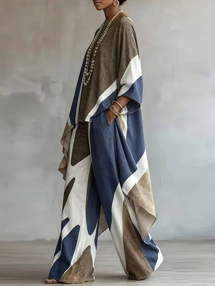 Printed Pockets Contrast Color Wide Leg Loose Trousers Pants
