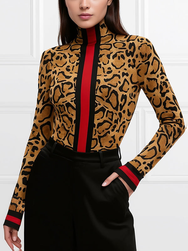 Leopard Contrast Color Skinny Long Sleeves High Neck T-Shirts Tops