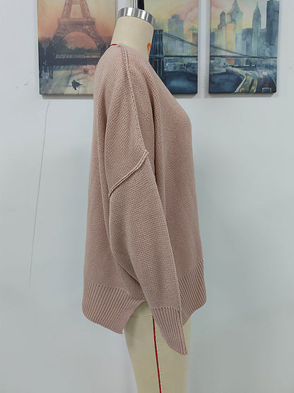 Casual Long Sleeves Loose Split-Side Solid Color Round-Neck Sweater Tops