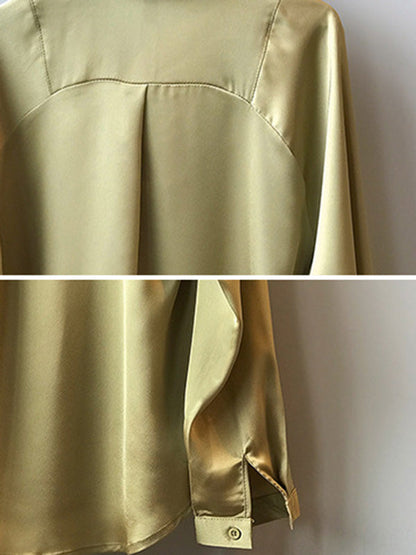 Satin V-Neck Loose Solid Color High-Low Long Sleeve Shirts