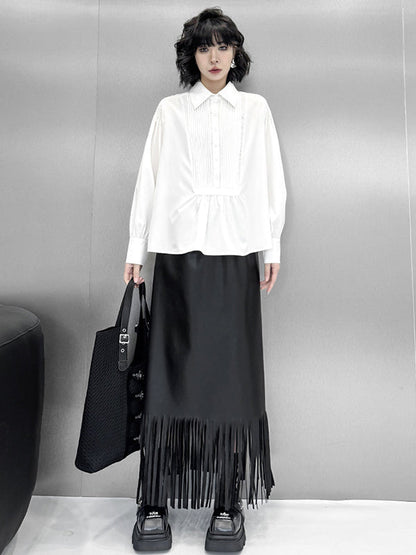 Long Sleeves Loose Buttoned Pleated Solid Color Polo Blouses&Shirts Tops