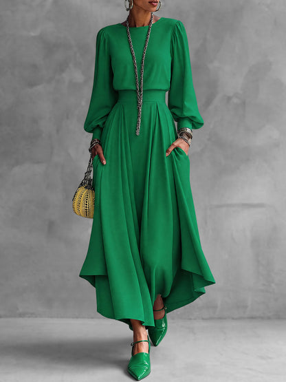 Solid Color Pockets Pleated Elasticity Long Sleeves High Waisted Boat Neck Maxi Dresses