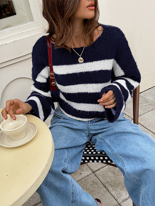 Striped Long Sleeves Round-neck Sweater Tops Pullovers