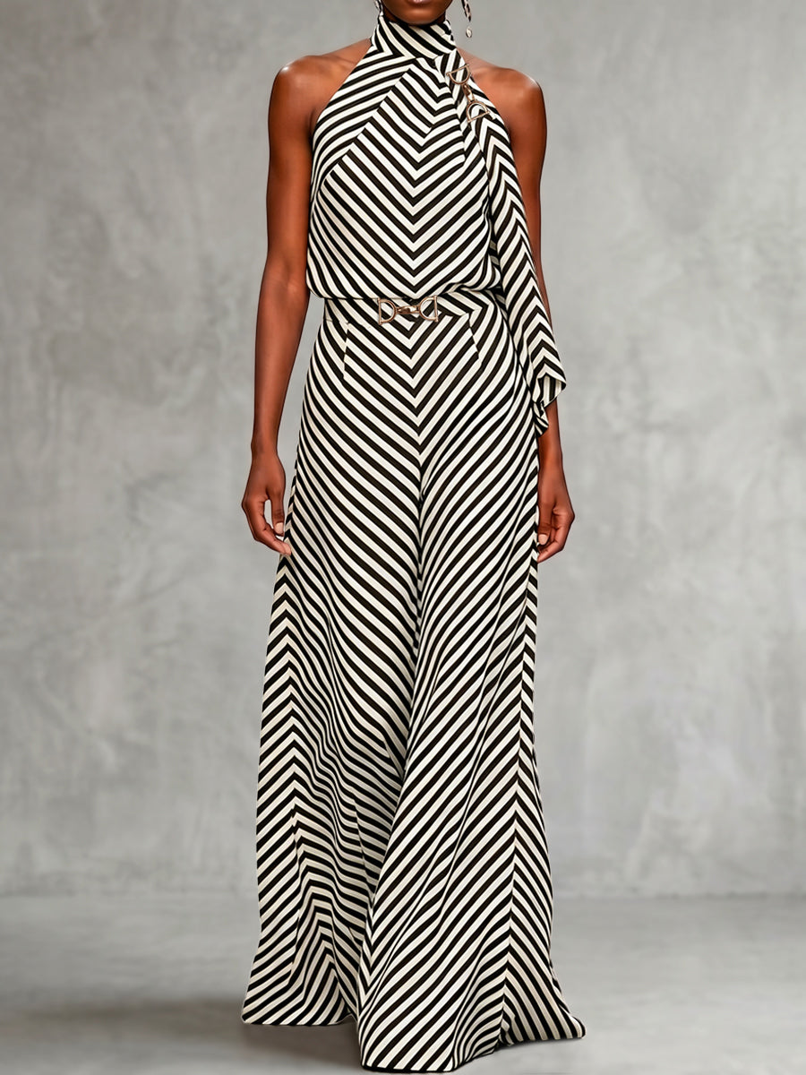 High Waisted Loose Buckle Contrast Color Elasticity Striped Pants Trousers