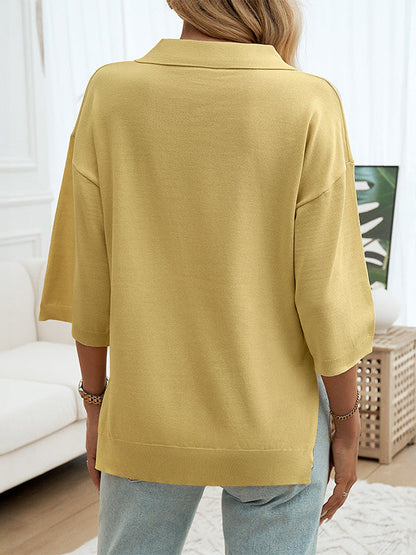 Half Sleeves Loose Solid Color Lapel Blouses&Shirts Tops Sweater Tops