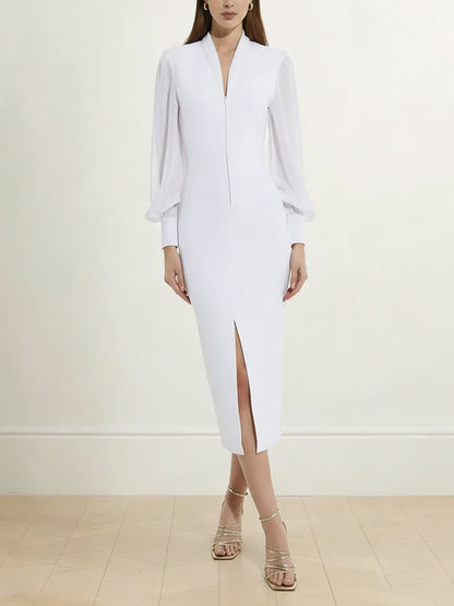 Long Sleeves Puff Sleeves Solid Color Split-Front Split-Joint Zipper V-Neck Midi Dresses