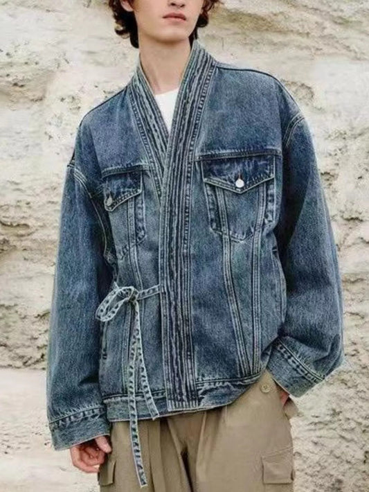 Washed Tied Long Sleeve Denim Jacket
