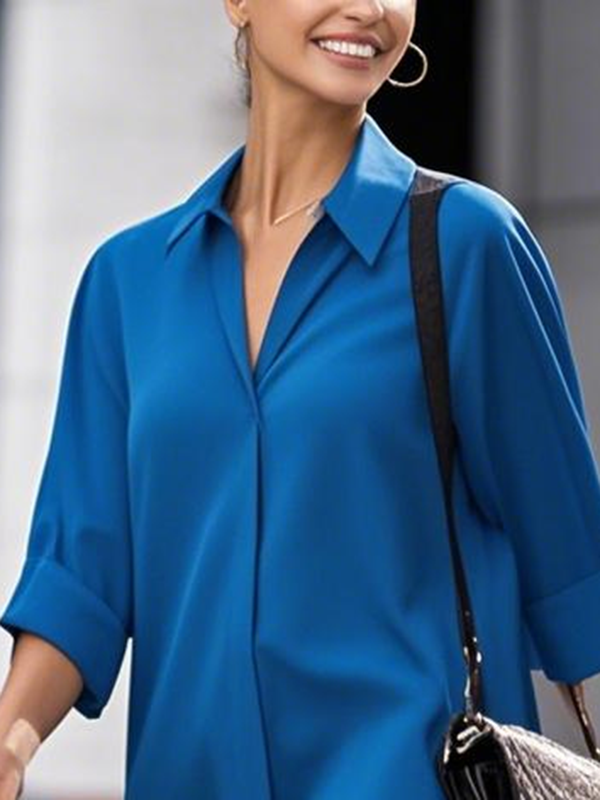 Long Sleeves Loose Solid Color Split-Joint Lapel Midi Dresses Shirt Dress