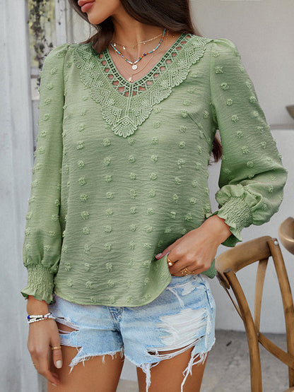 Long Sleeves Loose Elasticity Hollow Jacquard Solid Color V-Neck Blouses&Shirts Tops