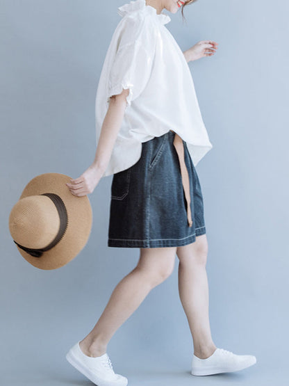 Half Sleeves Loose Ruffled Solid Color Round-Neck T-Shirts Tops