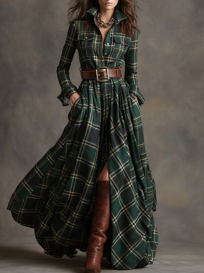 Long Sleeves Buttoned No Belt Plaid Pockets Split-Front Lapel Maxi Dresses