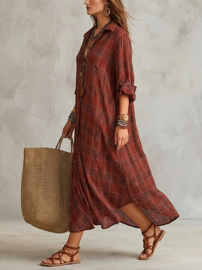 Long Sleeves Loose Buttoned Contrast Color Plaid Lapel Maxi Dresses