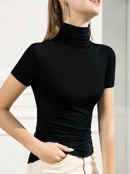 Solid Color Skinny Short Sleeves High-neck T-Shirts Tops