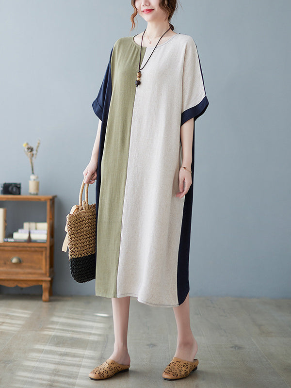 Robes mi-longues amples à manches mi-longues et col rond de couleur contrastée 