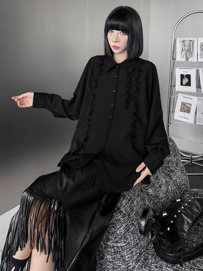 Hipster Long Sleeves Buttoned Falbala Ruffled Solid Color Split-Joint Lapel Blouses&Shirts Tops