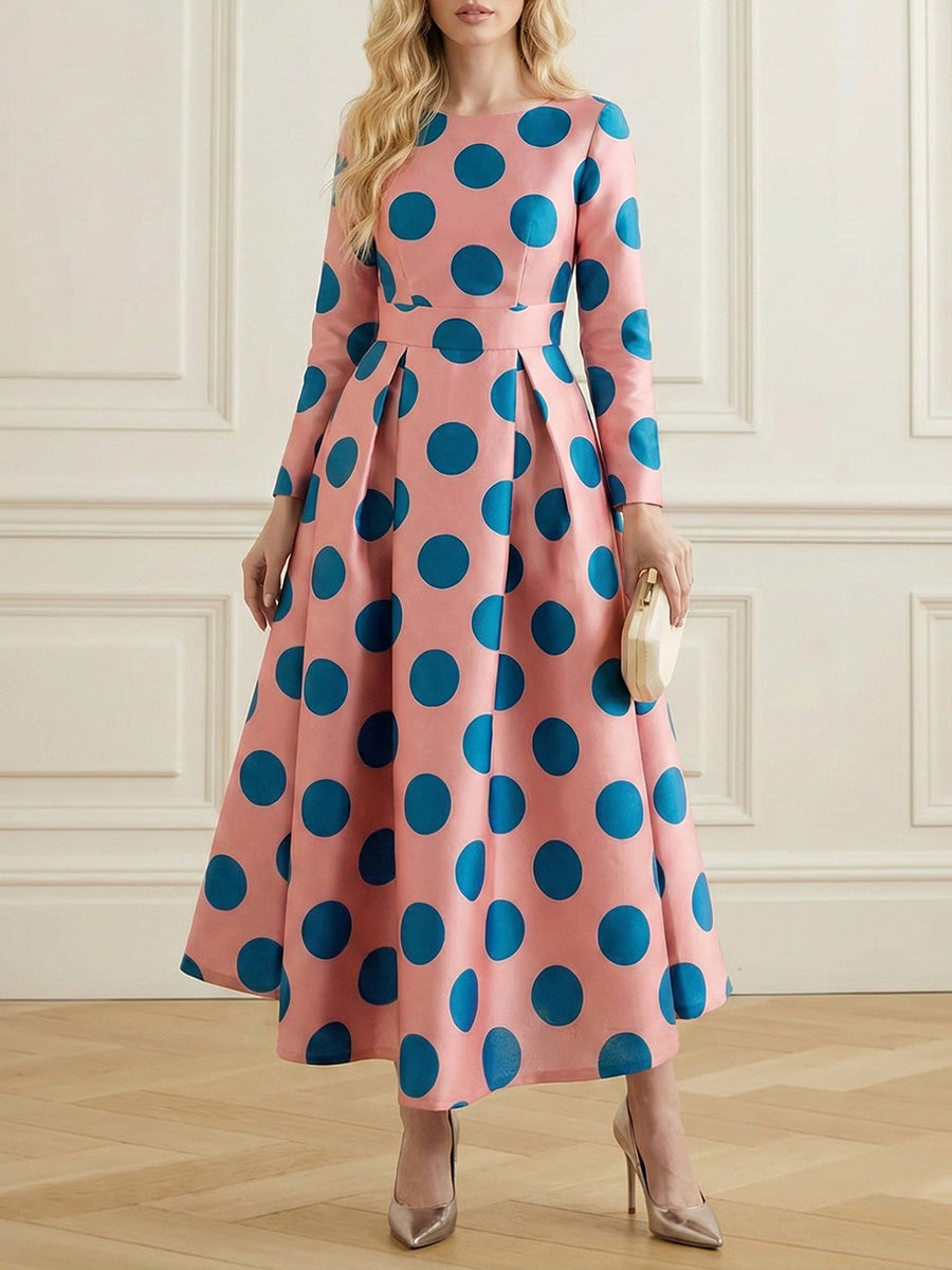 A-Line Elasticated Waist Contrast Color Polka-Dot Split-Joint Round-Neck Maxi Dresses