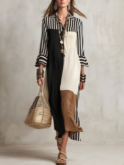 Striped Split-Joint Contrast Color Three-quarter Sleeves Ruffle Sleeves Lapel Midi Dresses