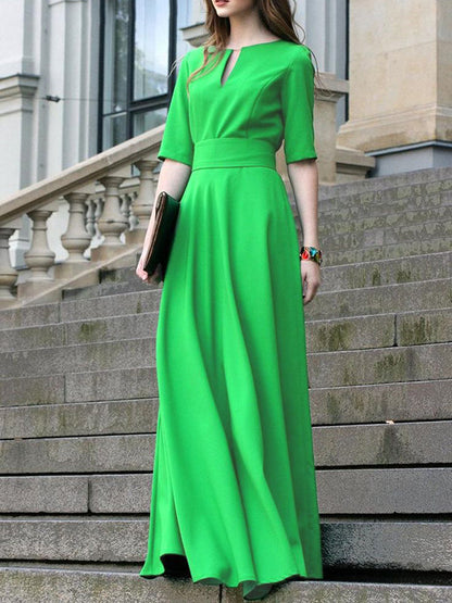 Half Sleeves High Waisted Solid Color Tied Waist V-Neck Maxi Dresses
