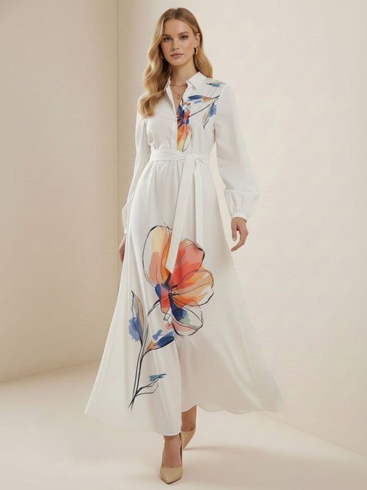 A-Line Elasticated Waist Contrast Color Flower Print Pleated Split-Joint Tied Waist Lapel Maxi Dresses Shirt Dress