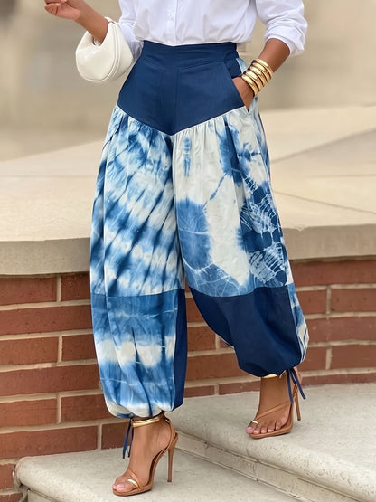 Split-Joint Printed Contrast Color High Waisted Trousers Ankle-Tied Pants
