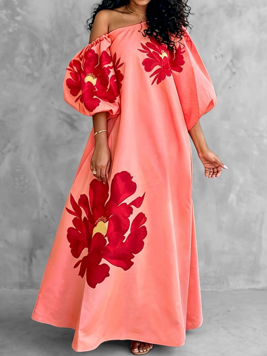 Puff Sleeves Three-Quarter Sleeves Contrast Color Elasticity Flower Print One-Shoulder Maxi Dresses