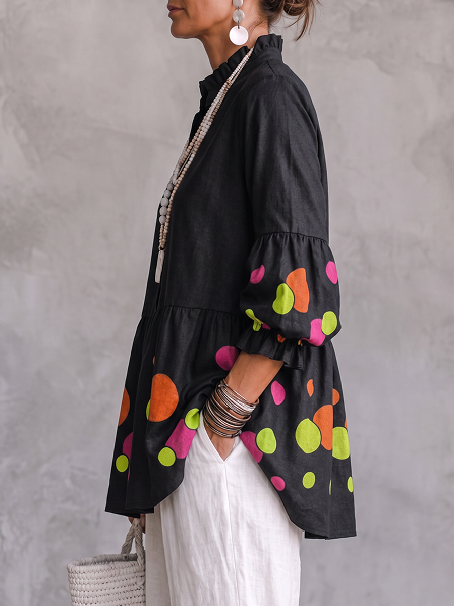 Split-Joint Ruffle Trim Polka-Dot Contrast Color Buttoned Three-quarter Sleeves Puff Sleeves Mock Neck Blouses&shirts Tops