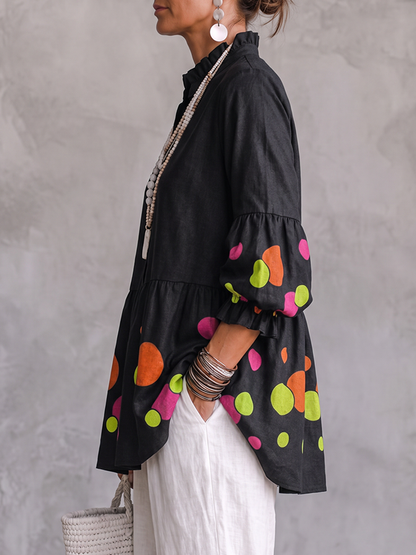 Split-Joint Ruffle Trim Polka-Dot Contrast Color Buttoned Three-quarter Sleeves Puff Sleeves Mock Neck Blouses&shirts Tops