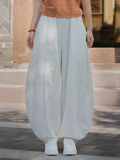 Loose Elasticity Pockets Solid Color Split-Joint Cropped Trousers Pants