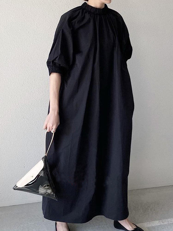Robe chemise longue ample à manches bouffantes et plissée, avec fermeture éclair et col montant 