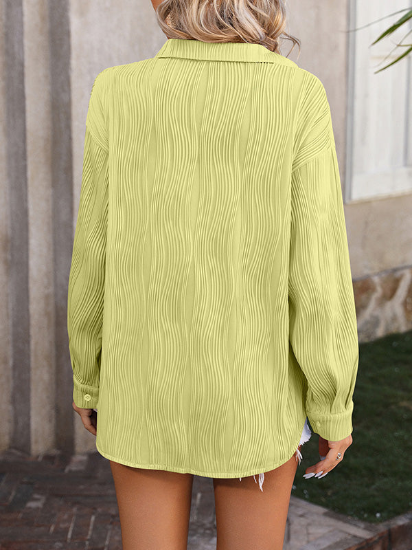 Long Sleeves Buttoned Jacquard Pleated Solid Color Blouses&Shirts Tops